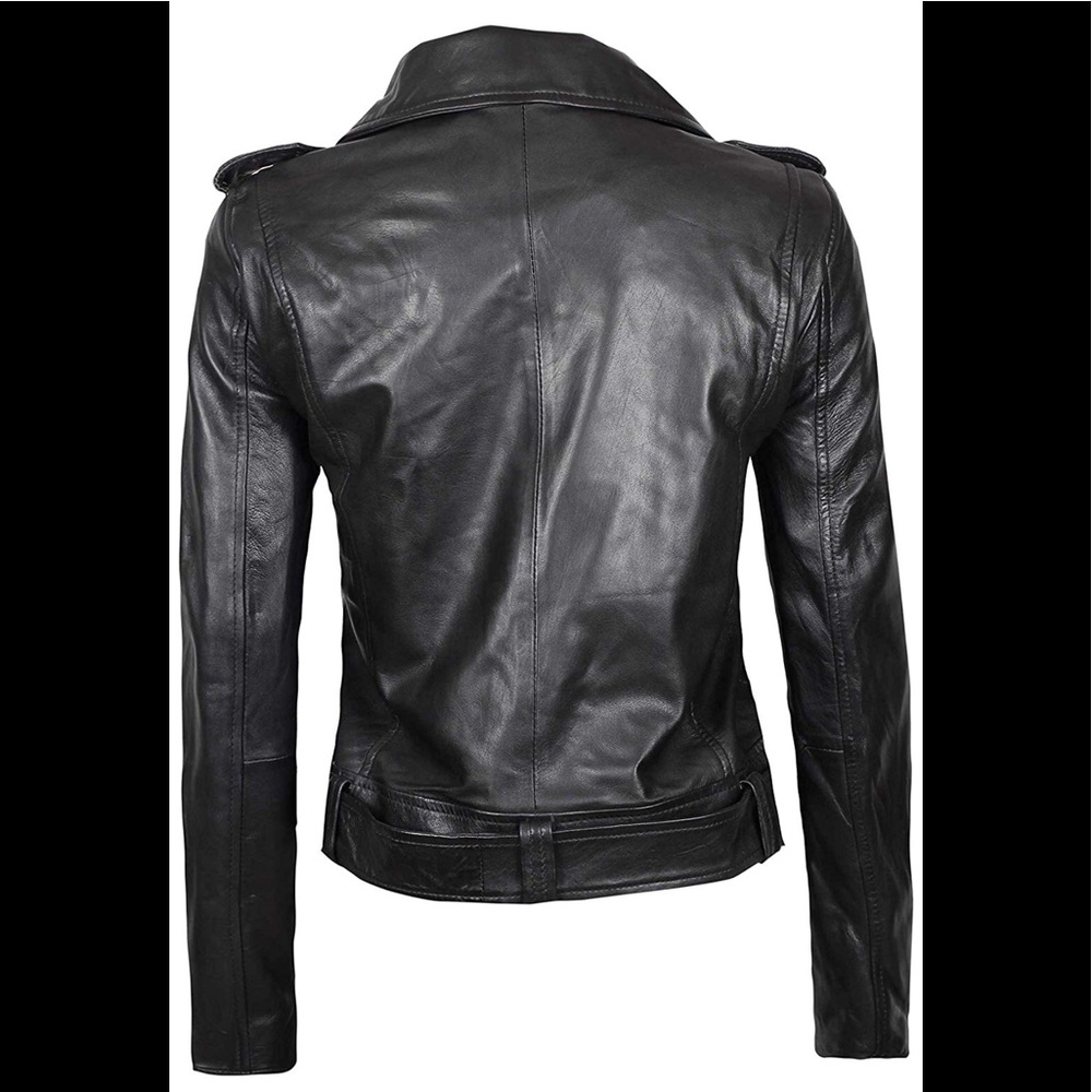 💫 🧳 Real  leather black moto jacket NWT - Picture 3 of 5